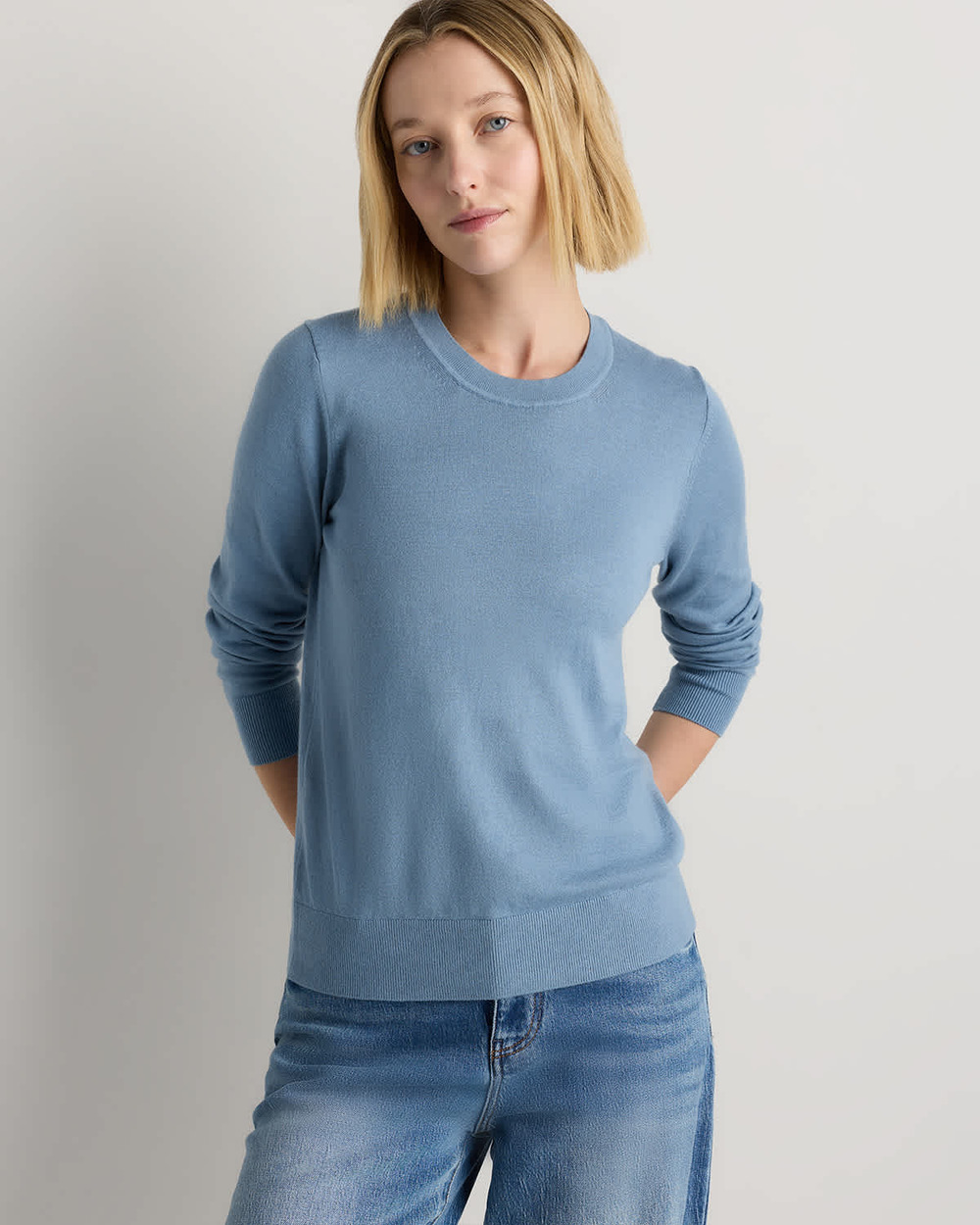 NWT Quince Lightweight Cotton Cashmere Crew Sweater Mountain Spring Blue S